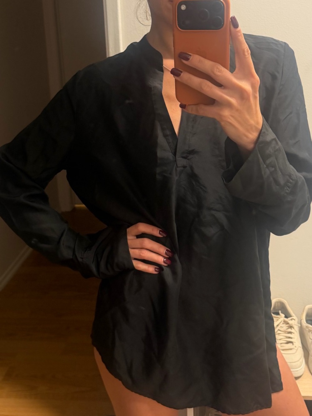 COS Black Satin Blouse with V-Neck